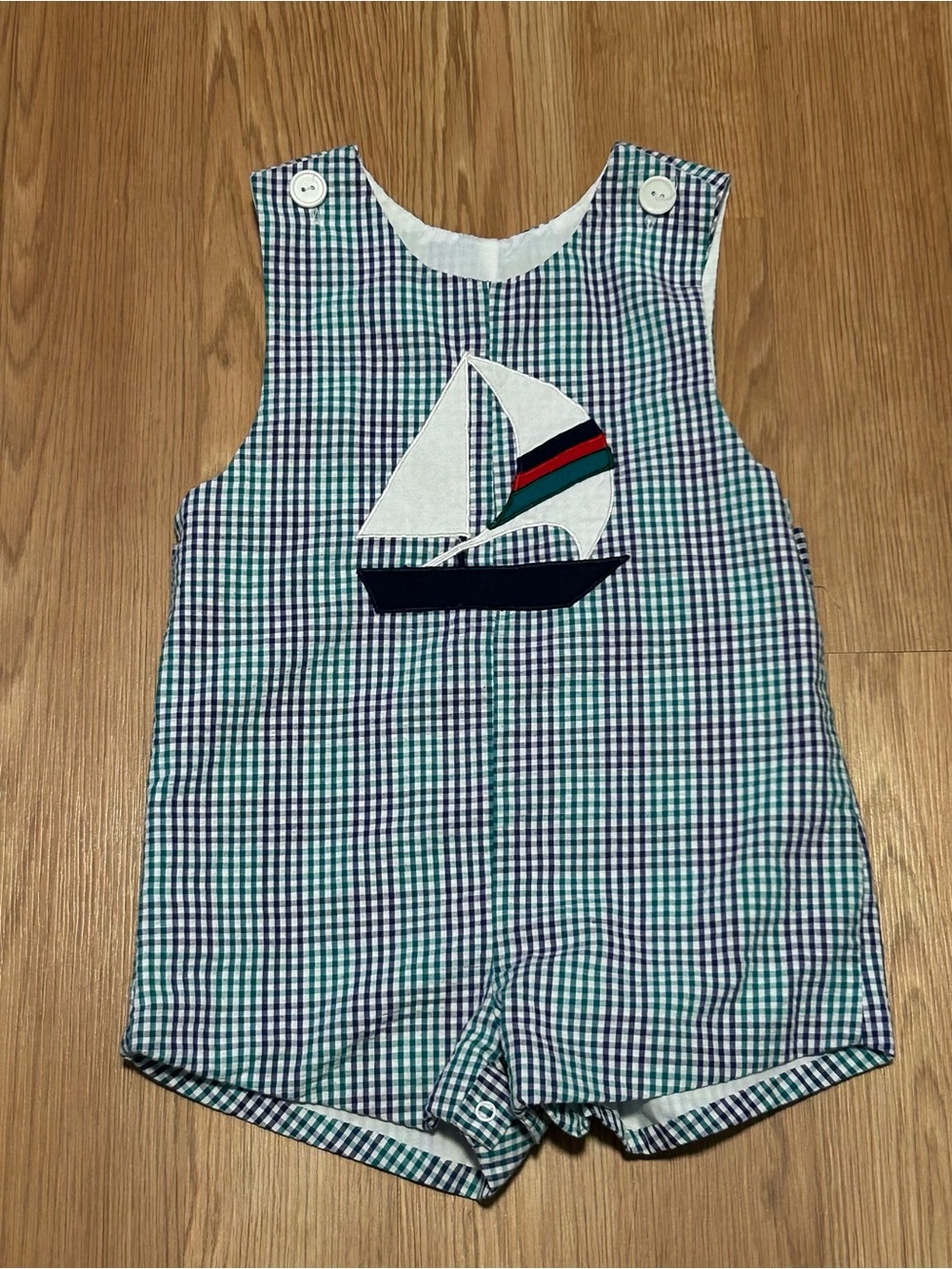 Nursery Rhyme Sailboat Appliqué Shortall John Jon Size 4T Plaid Nautical Boys